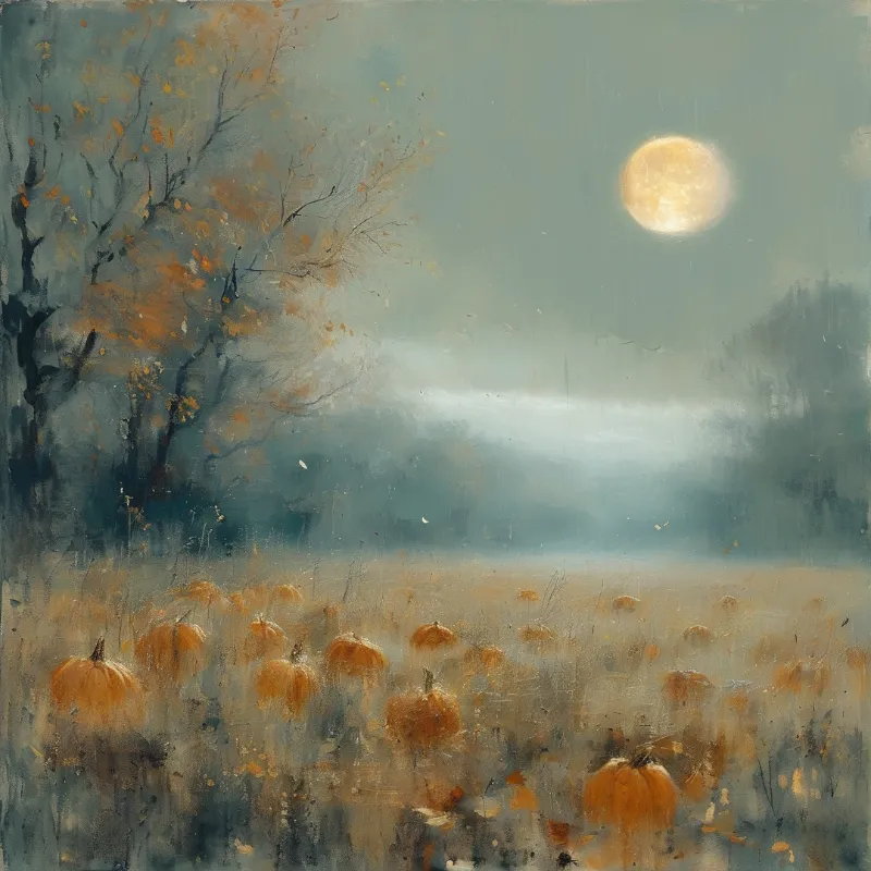 Impressionist oil painting shows an autumn pumpkin patch in cool misty light with a bright full moon in the pale grey sky.