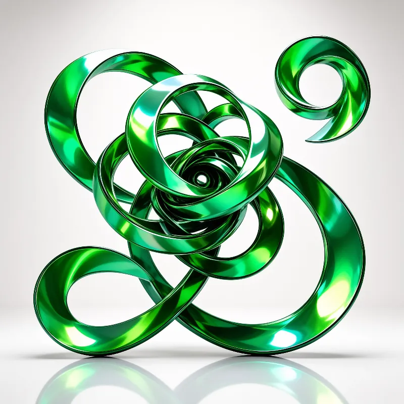 A shiny green ribbon-like structure twists into a complex spiral shape against a plain white background.