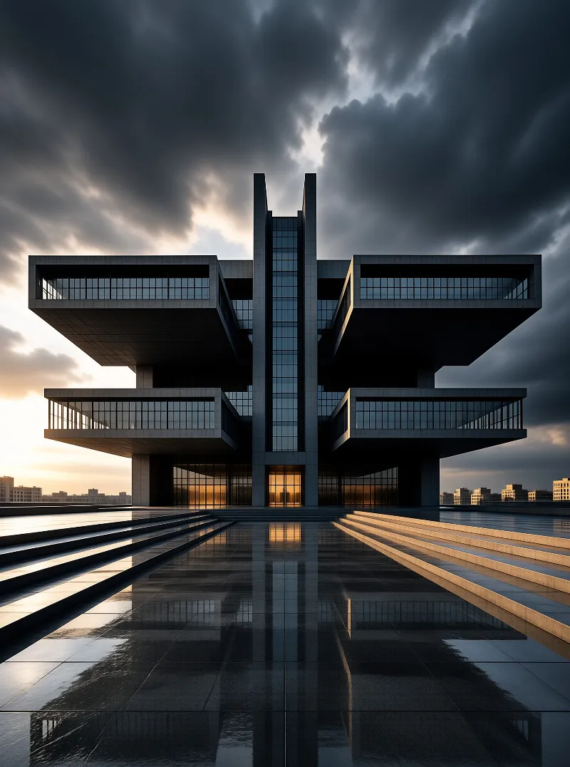 A modern concrete structure with cantilevered wings is reflected in a wet plaza under a dramatic cloudy sky.