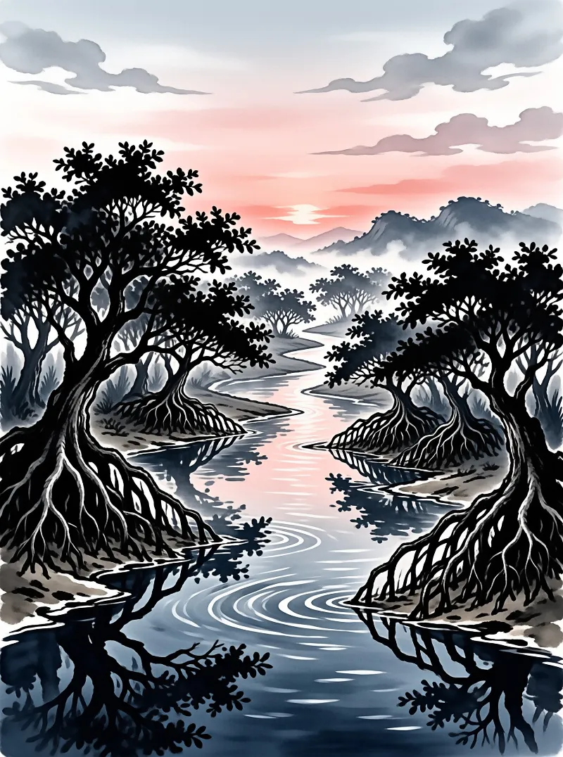 Dark rooted mangroves line a winding river, pink sunset sky and hazy distant mountains reflect on rippling water surface.