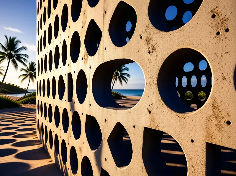 A perforated concrete wall casts geometric shadows on the sand while framing palm trees and the ocean in warm light.