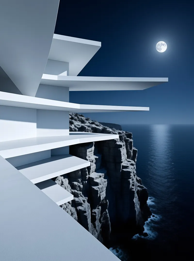 A minimalist white building with cantilevered balconies sits on a rocky cliff overlooking the dark ocean under a full moon.