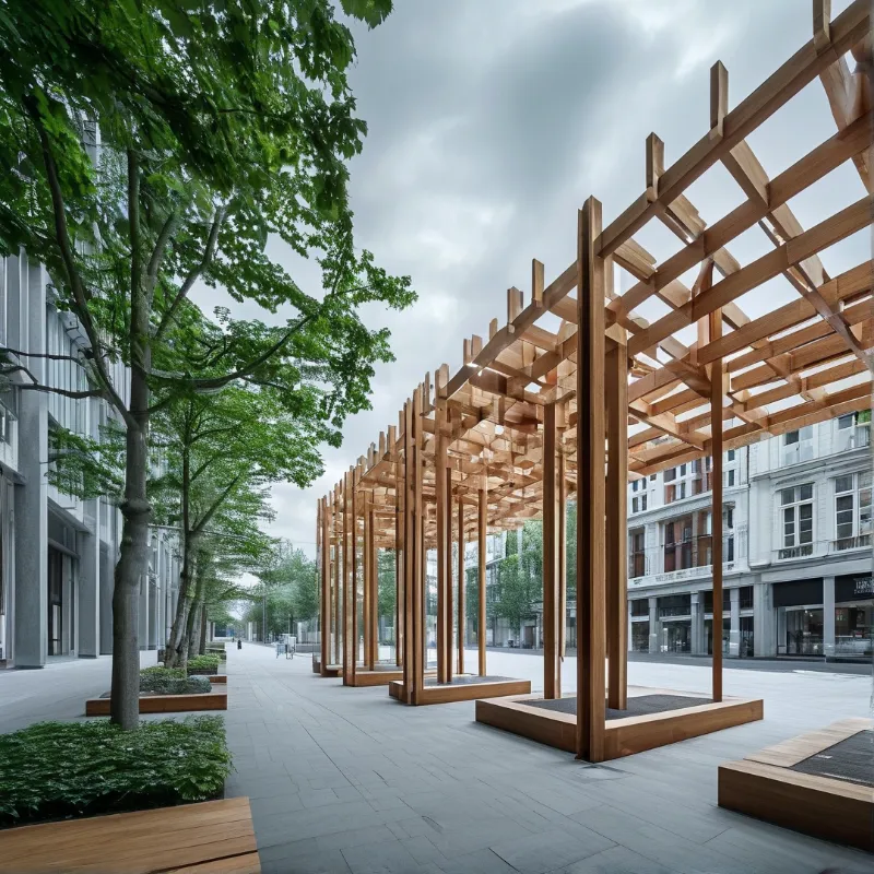 A long wooden pergola structure stands in a wide city plaza next to green trees and buildings under an overcast sky.