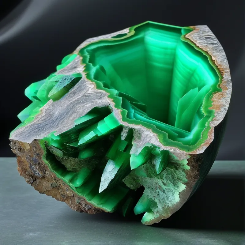 A rough rock sliced open reveals concentric bands of green crystal glowing against a dark background.