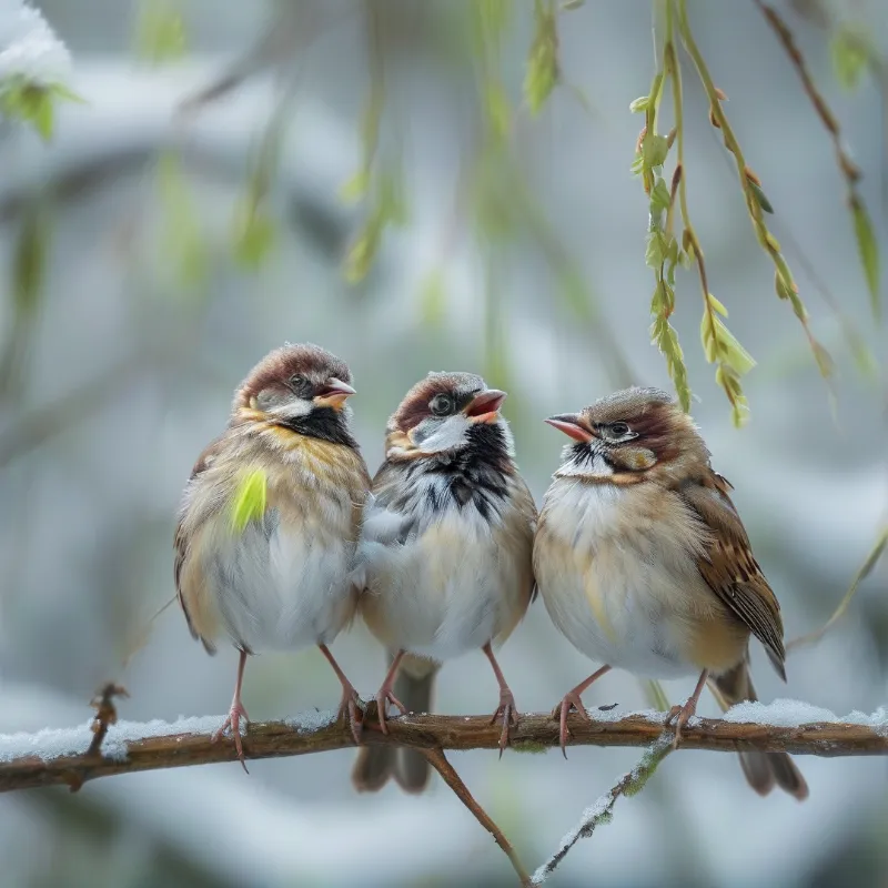 Three small brown and white birds sit together on a snow covered branch among dangling green buds in blurred winter light.