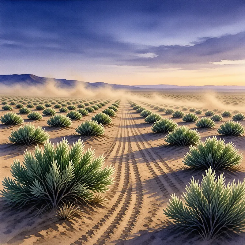 Geometric rows of low green shrubs extend across a sandy plain toward distant mountains shrouded in morning mist.