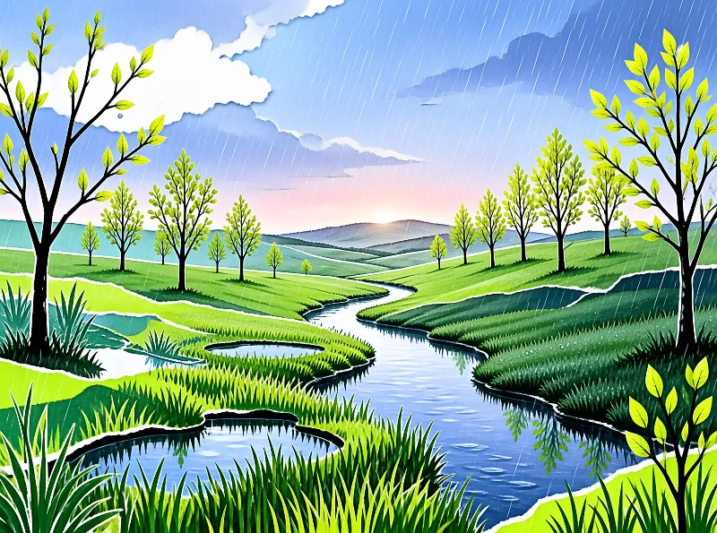 A winding river flows through green hills dotted with trees during a gentle rain with a pinkish horizon glow.