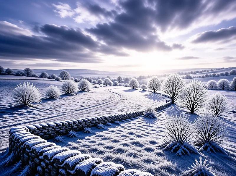 Bare trees dusted with frost line a curving lane through snow-covered fields beneath a bright winter sky.