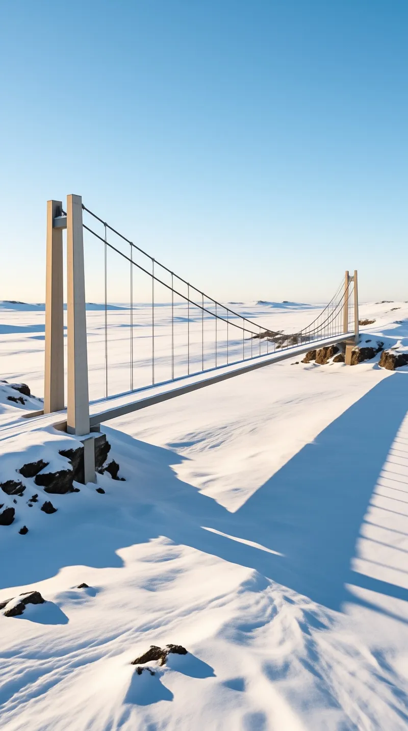 Slender concrete towers and sagging cables cross a wind sculpted white plain under a cloudless winter sky.
