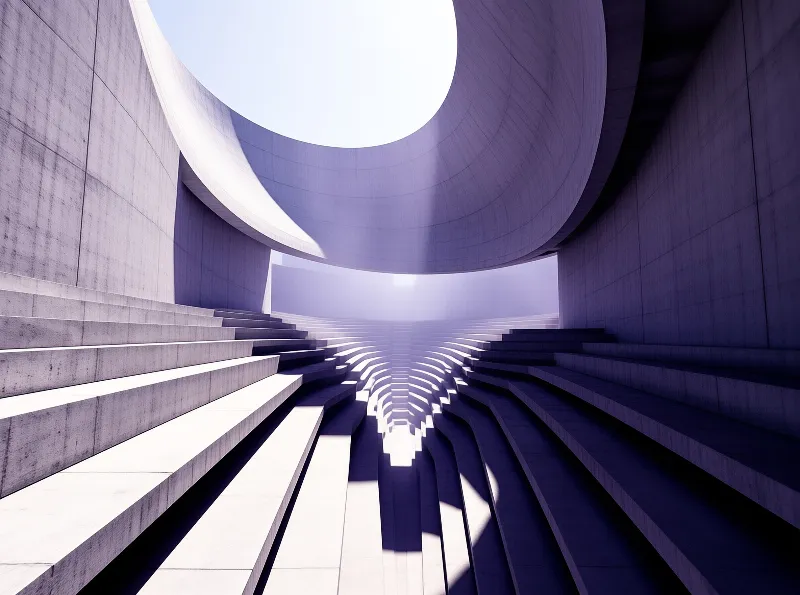 Sweeping curved concrete steps recede into a bright hazy distance beneath a large circular overhead opening, cast in cool purple and pale white tones.