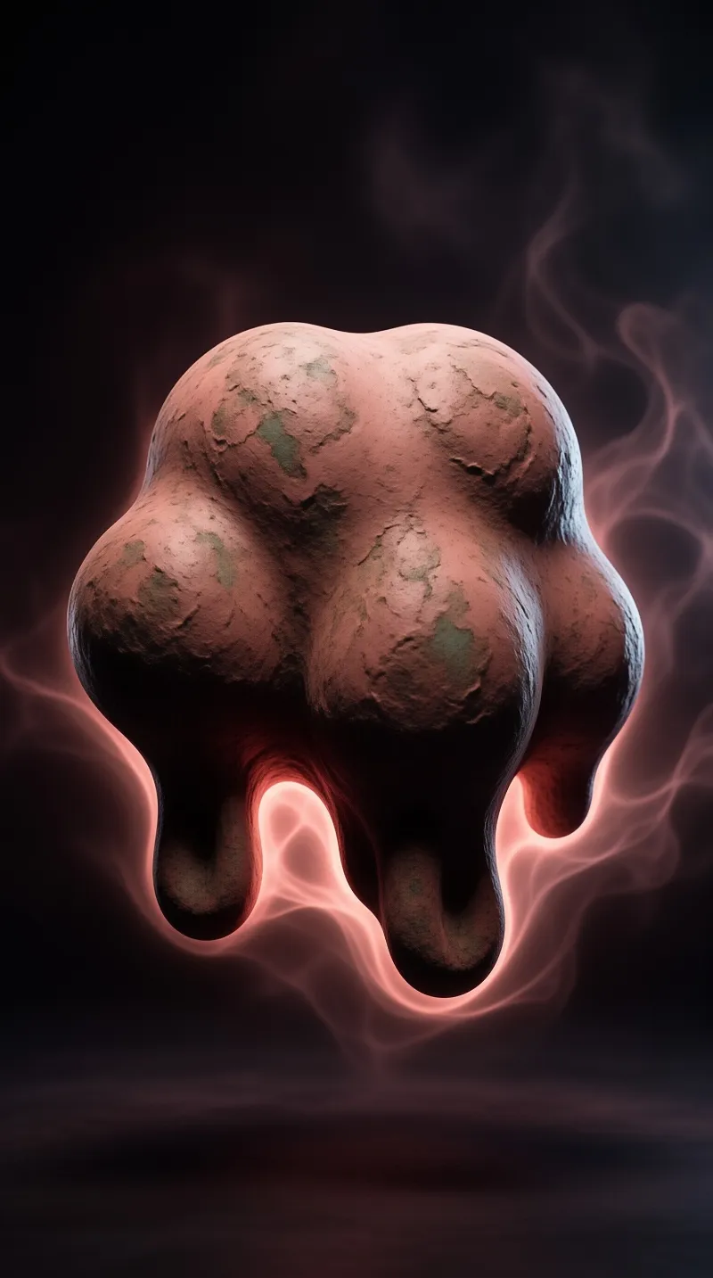 A giant, textured tooth formation hangs suspended in a dark space, with red light glowing intensely from beneath its roots.