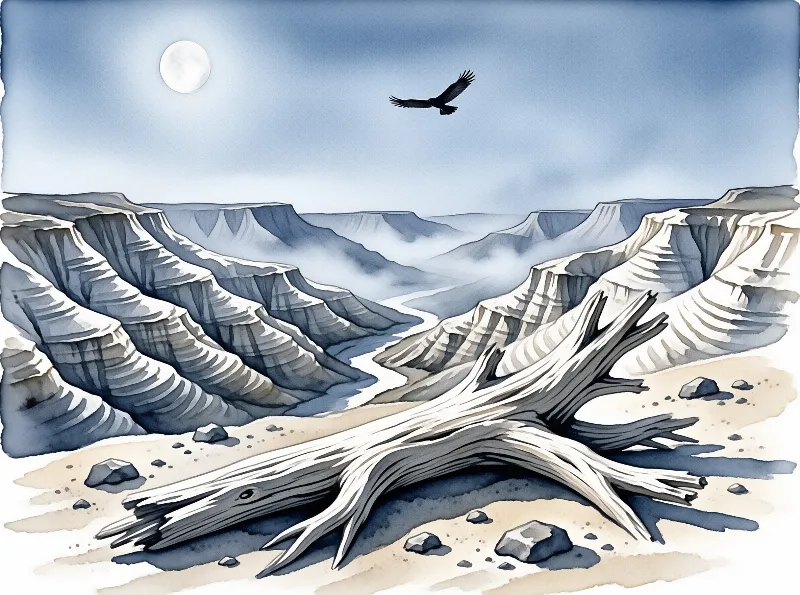 A weathered wooden trunk rests on the sandy ground while a bird flies near a bright moon above distant mountains.