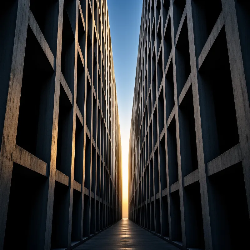Massive concrete structures with geometric openings frame a walkway leading to a glowing sunrise under a clear sky.