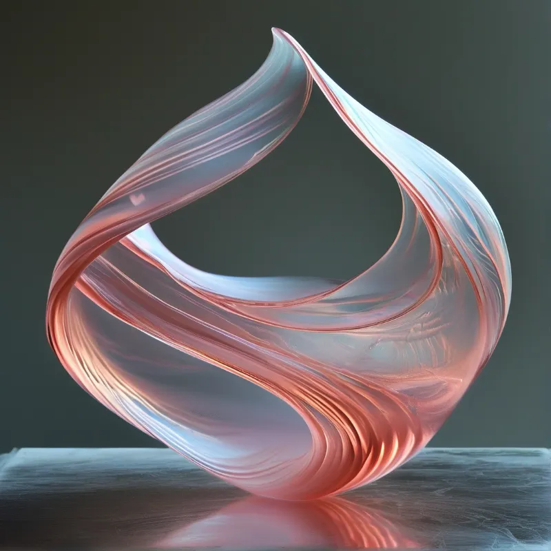 A twisted, semi-transparent glass object displays ribbons of pink and white light while sitting on a rough, slate-like base.