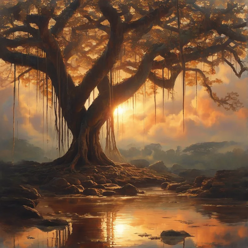 A large tree with hanging vines stands near a rocky river while the sun shines through branches casting orange light.