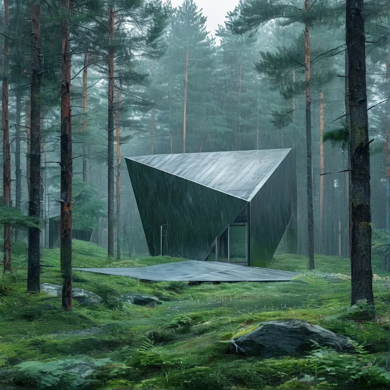 A sharp geometric building stands alone in a foggy forest surrounded by tall trees and mossy ground.
