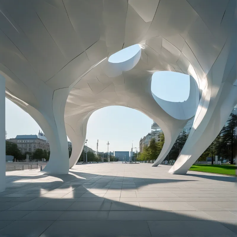 A large white architectural canopy casts sharp shadows on the paved ground of a public square.