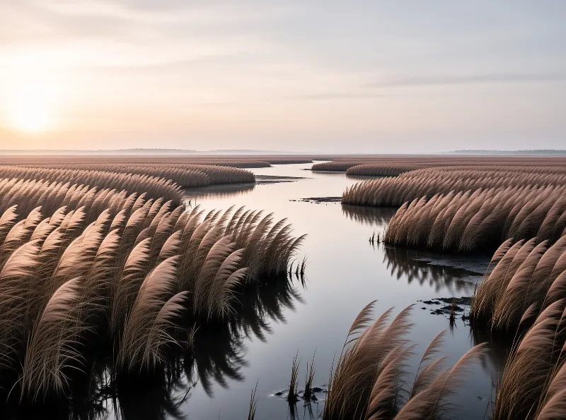 Dense clusters of tall brown grass flank a calm water path under a soft pink sky during the golden hour.
