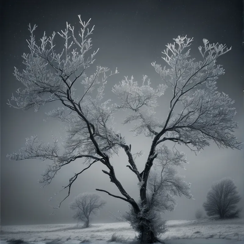 A stark tree with white frozen branches rises above a misty snowy plain.