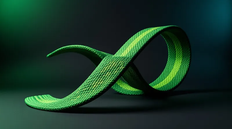 A bright green fabric strap with stitched texture curls into a loose loop against a moody teal studio setting.