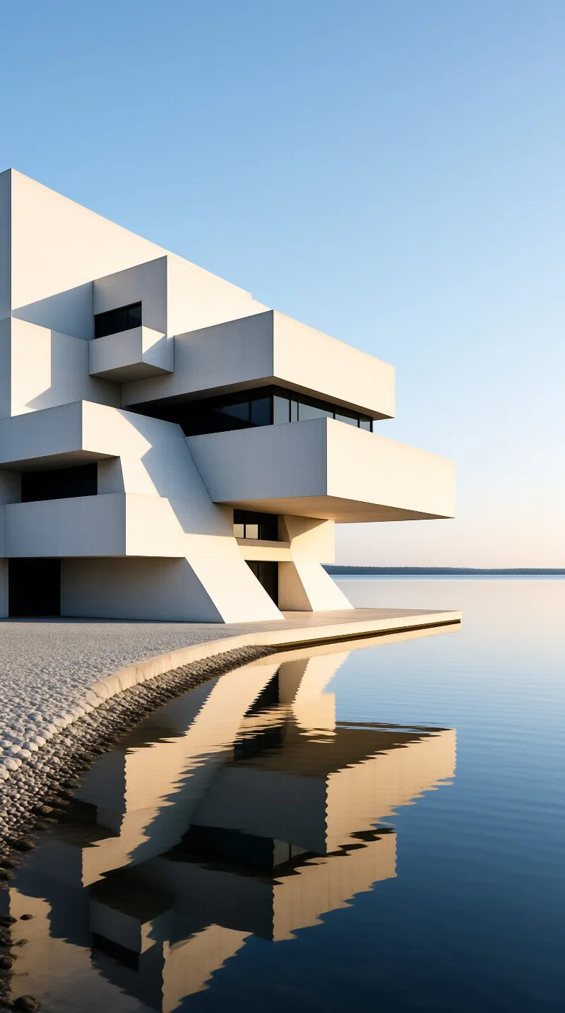A sharp white structure sits on the water edge with its reflection mirrored below during golden hour.