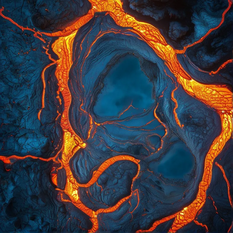 Glowing orange rivers of lava snake across a cooled volcanic field, splitting around pools of dark solidified rock.