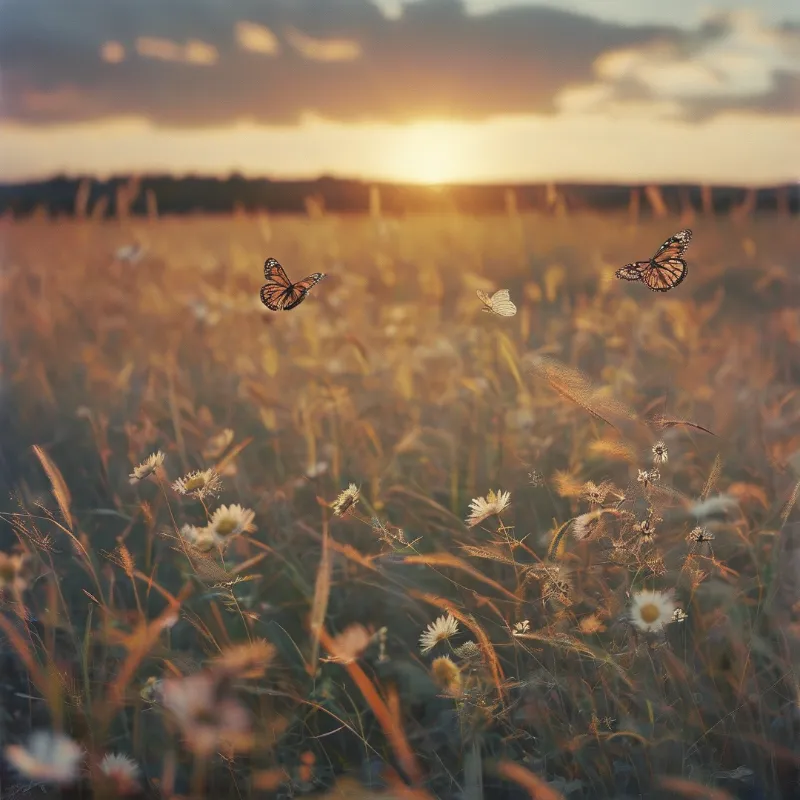 Butterflies flutter above a meadow of tall grass and white flowers bathed in the warm glow of a setting sun.