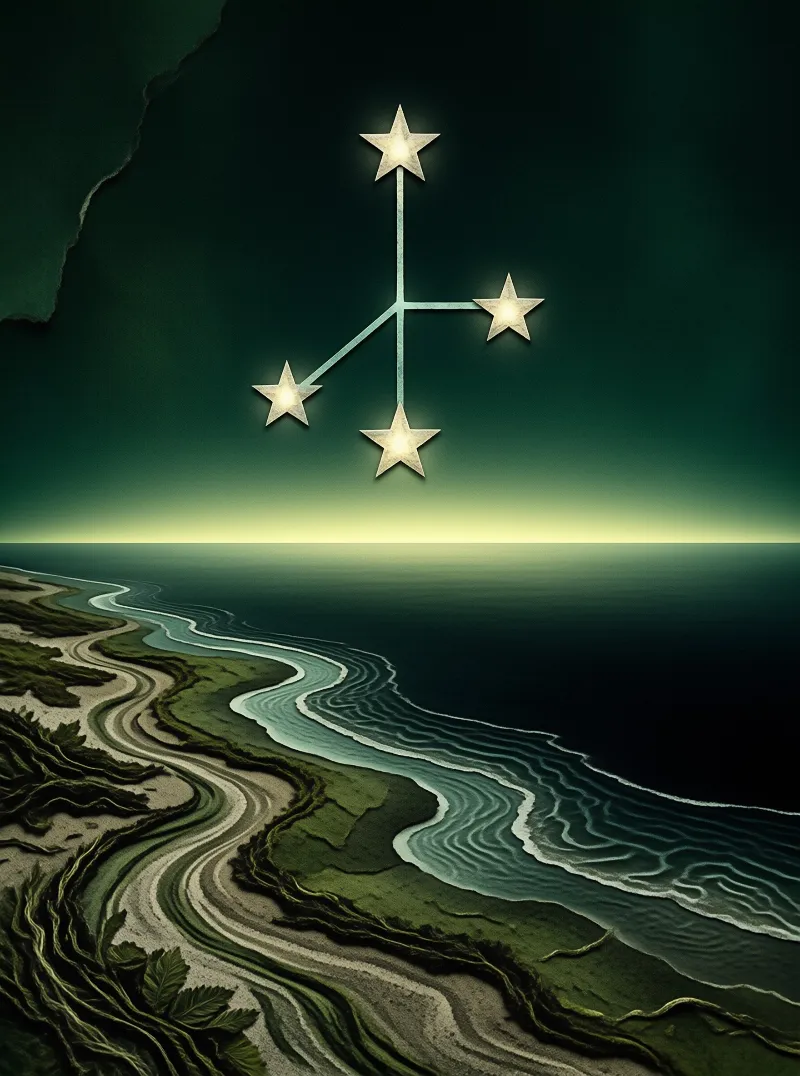 Four luminous stars linked by faint lines hover above a meandering river delta with green banks under a dark gradient sky.