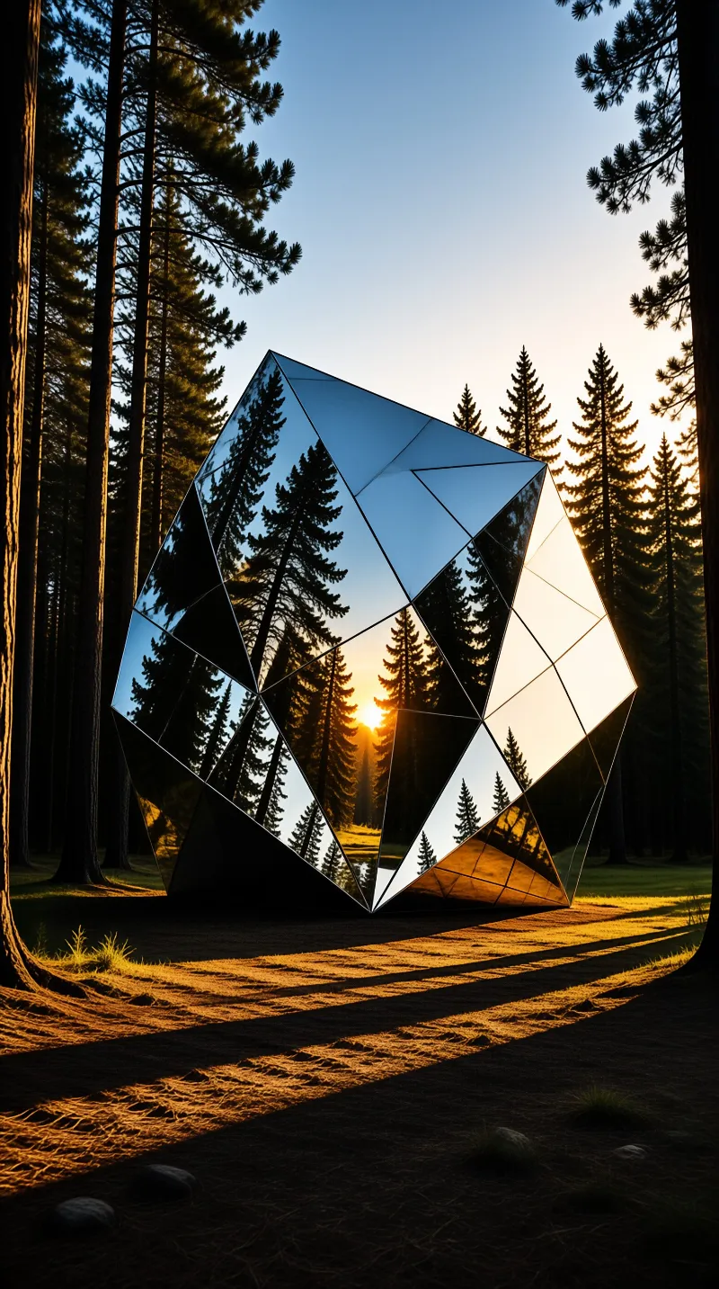 A large mirrored geometric object sits in a forest clearing, reflecting the golden sunset and surrounding pine trees.