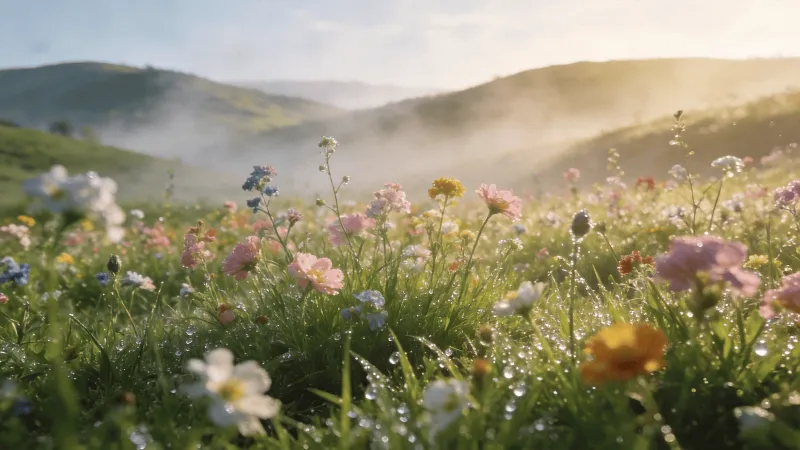 Wildflower Meadow in Morning Mist
