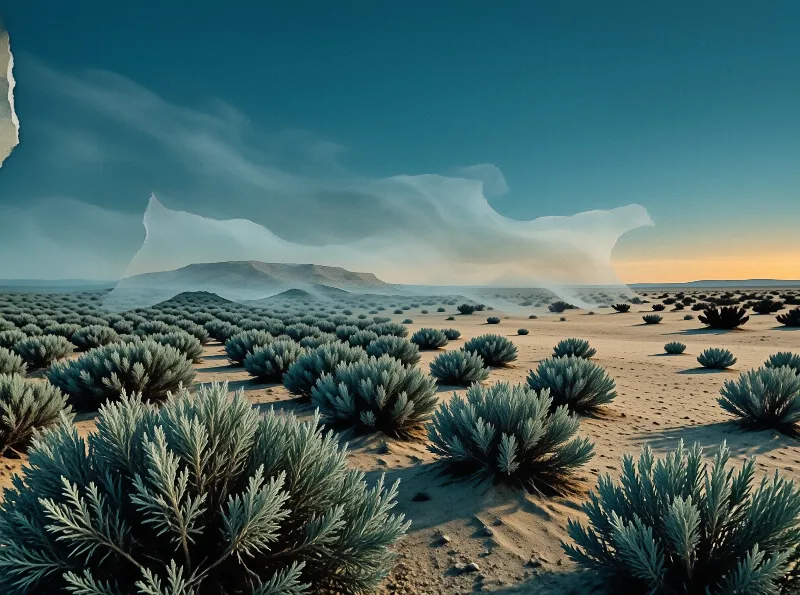 Silvery sagebrush fills a desert at golden hour beneath a ghostly torn white shape in the sky.