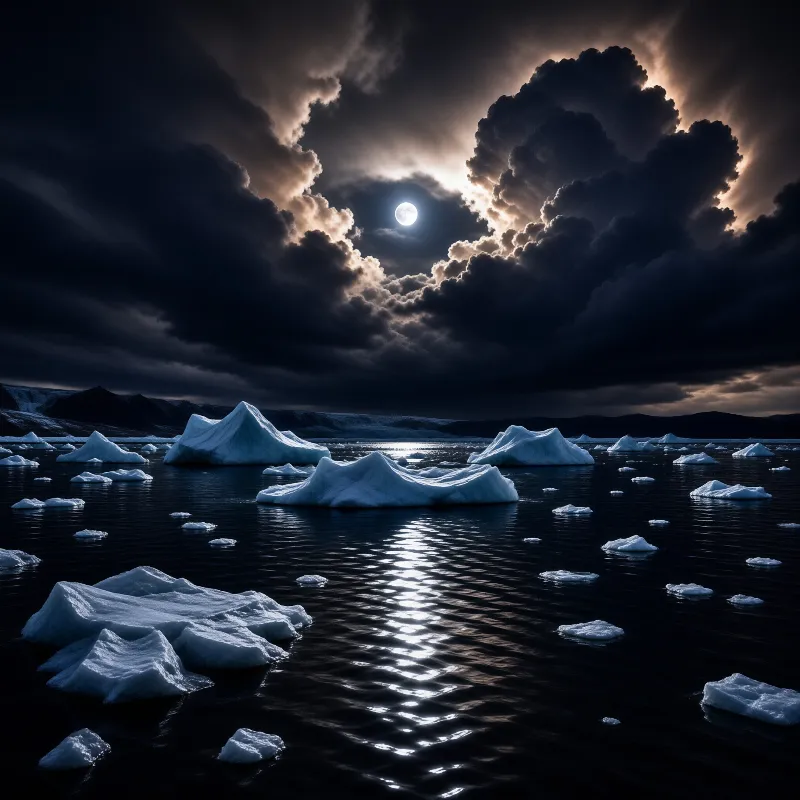 A scene of jagged ice floes drifting on dark ocean waters while a bright moon shines through heavy clouds.