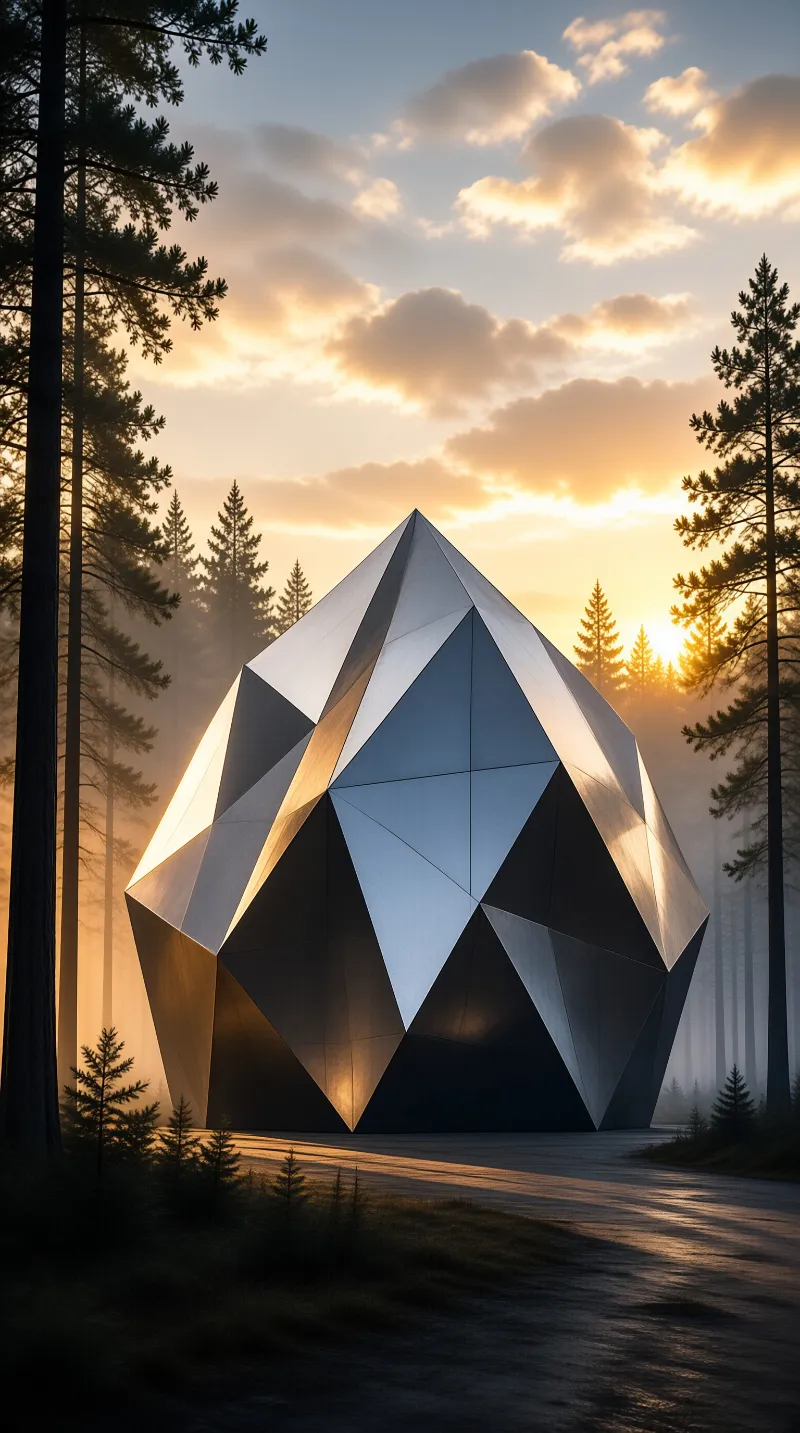 A large faceted metallic sculpture stands among tall pine trees during a foggy sunrise with warm light.