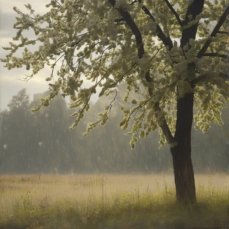 A large tree covered in white flowers stands alone in a grassy field while light rain falls through the foggy air.