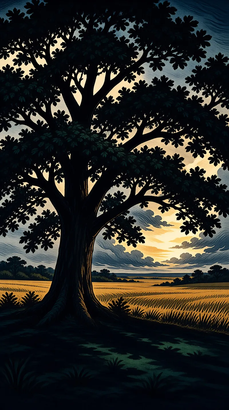 A large dark tree stands before a sunlit field of golden crops under a cloudy sky.