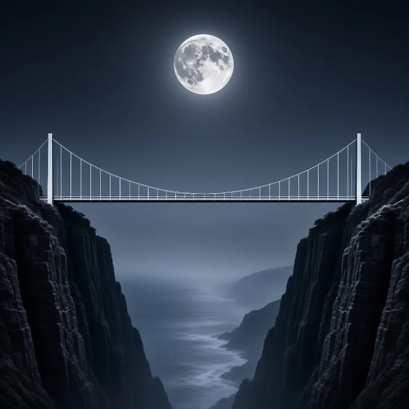 A white suspension bridge connects two dark cliffs beneath a large full moon in a blue night sky.