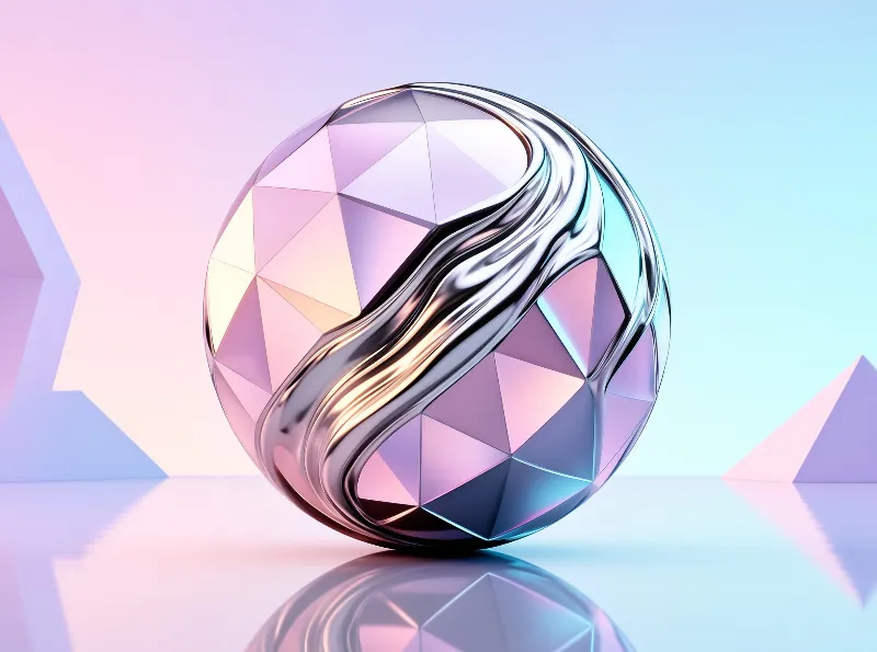 A faceted gem-like sphere featuring a flowing chrome ribbon rests on a mirror floor under pastel lighting.