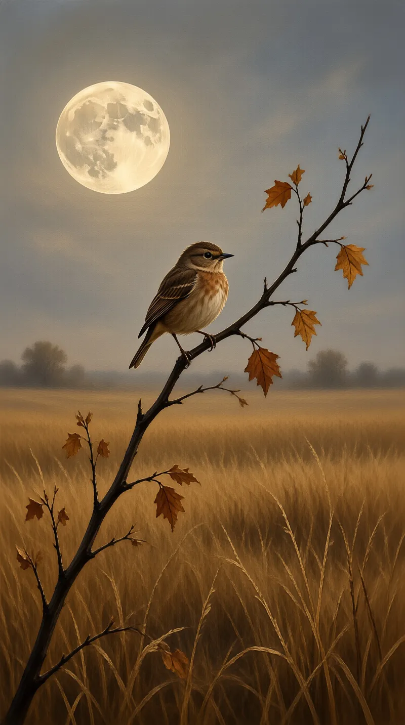 A small brown songbird perches on a dark branch beside amber leaves under a large cratered moon.