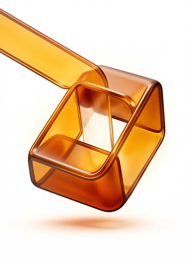Transparent orange geometric loop hovering above a shadowless white surface.