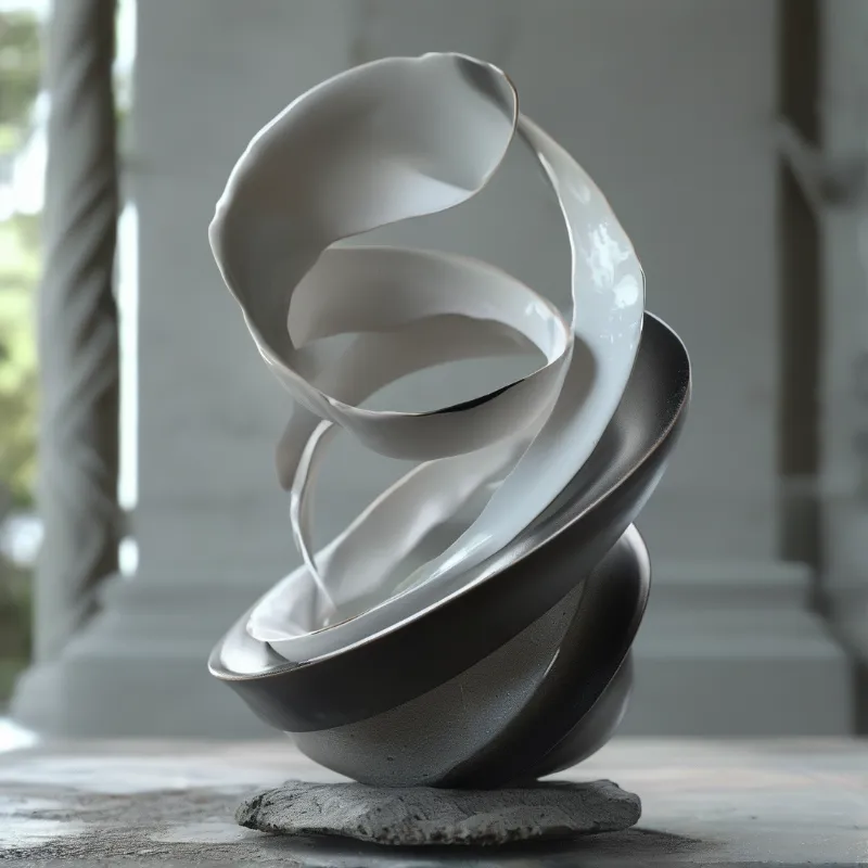 A twisted white and dark ceramic sculpture rests on a rough stone slab within a softly lit classical portico setting.
