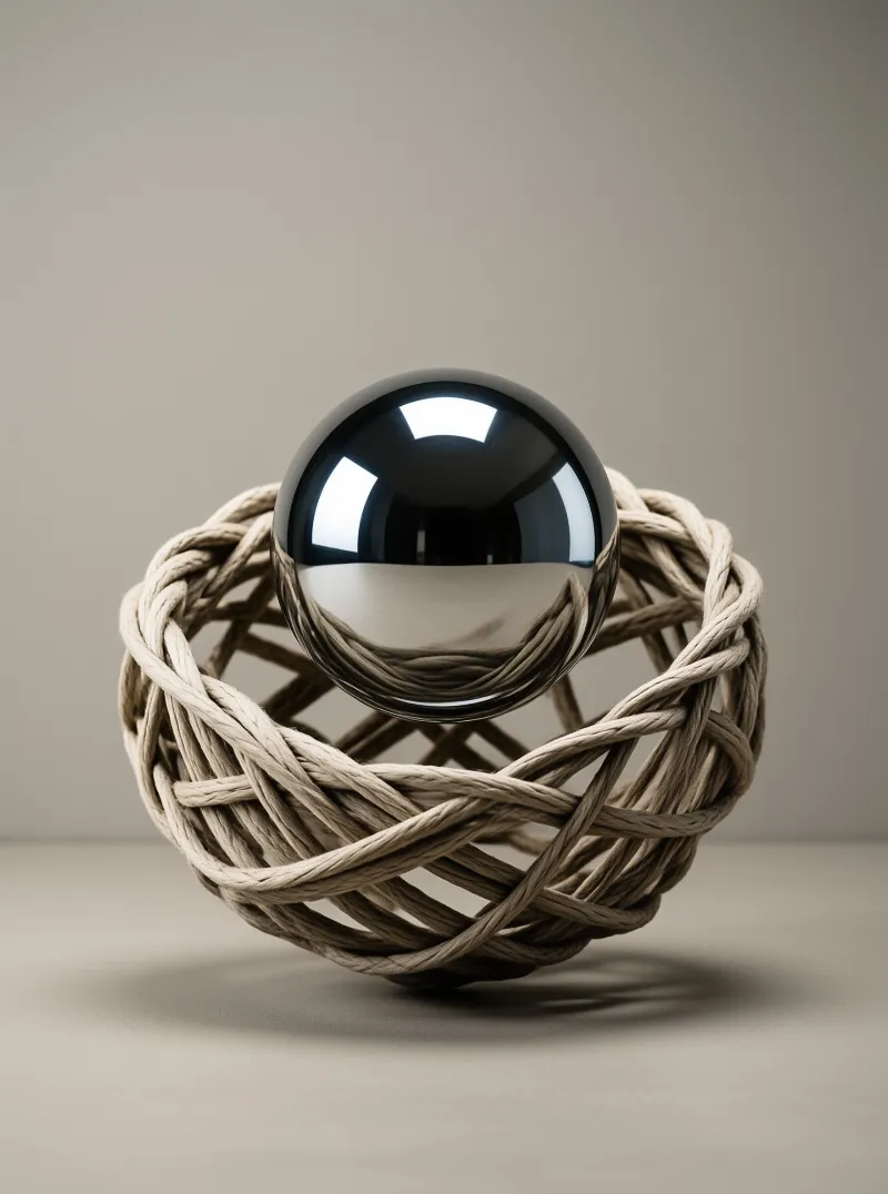 A highly polished dark metallic ball catches bright light reflections while balanced on a hand woven vine basket ring