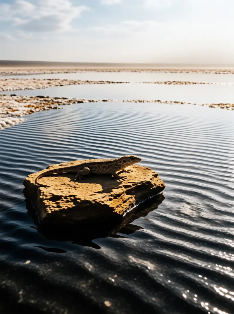 A small brown lizard rests on a flat tan rock surrounded by rippling blue water under a bright sky.