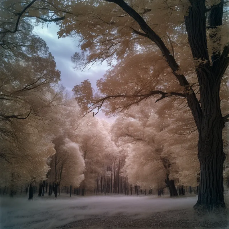 Forest with white-foliaged trees under overcast sky, enveloped in ground fog and infrared light.