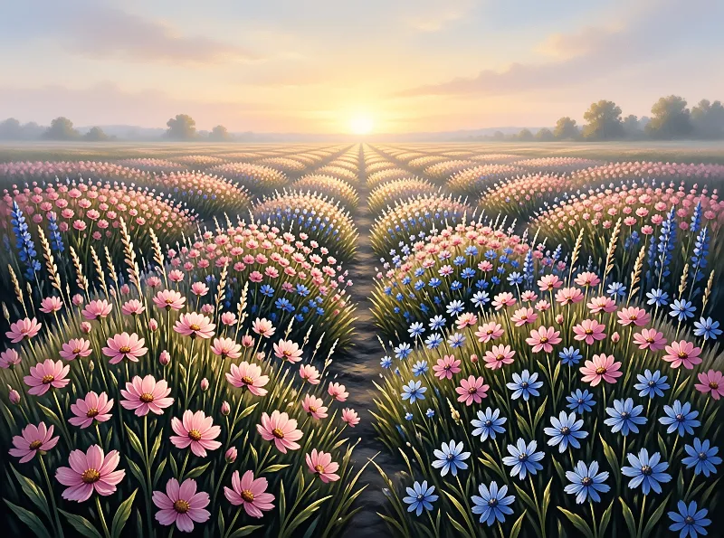 Pink and blue flower rows stretch toward a bright sun on the horizon with misty trees in the distance.