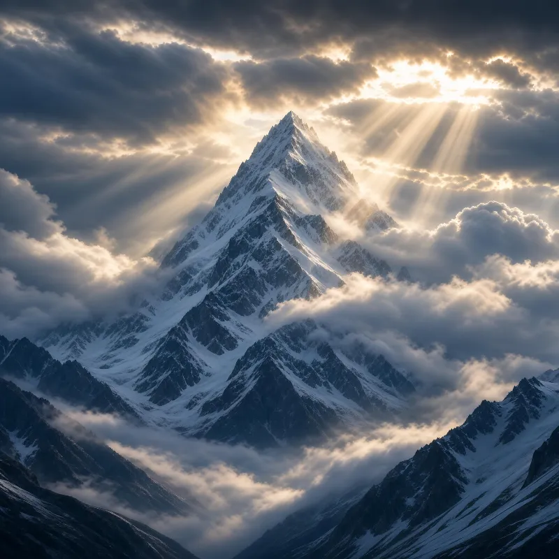 Snow-Capped Peak with Sunbeams