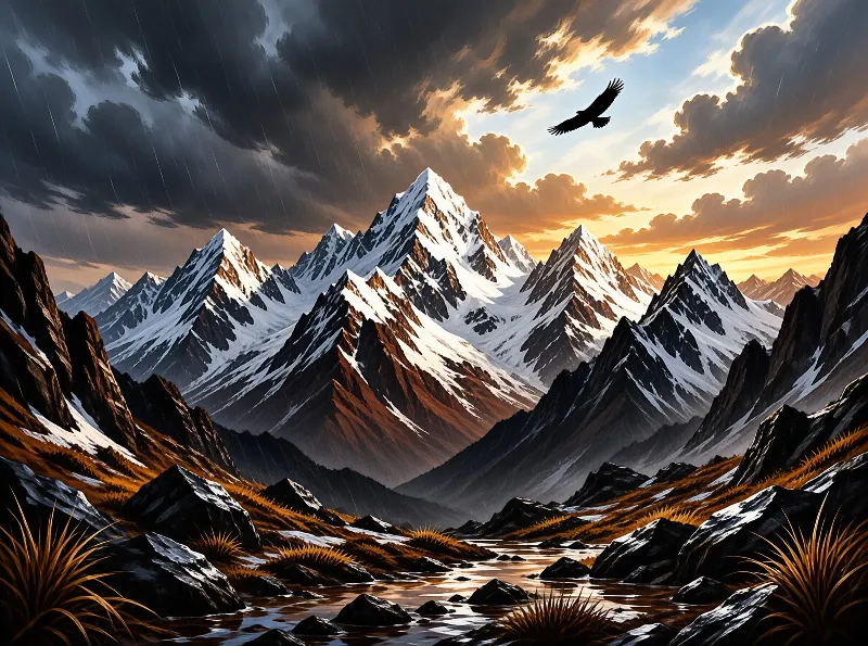 A black eagle flies above jagged snowy peaks while a rocky stream winds through dry grass under a stormy sky.
