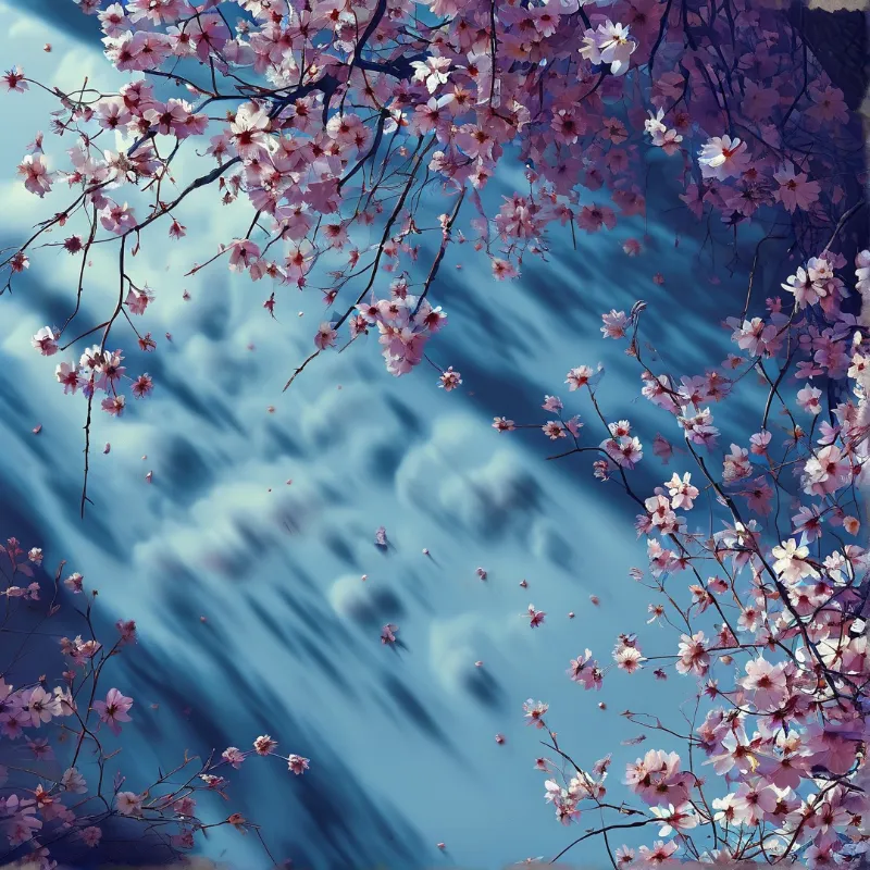 Pink sakura branches arch above a soft blue surface of gently rippling water in spring light.