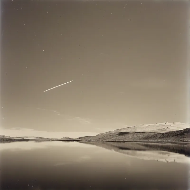 A bright streak moves across a sepia sky above a lake reflecting snowy hills.