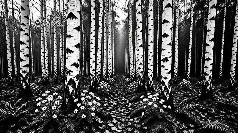 High contrast monochrome illustration of a birch forest path lined with white flowers leading into a foggy distance.