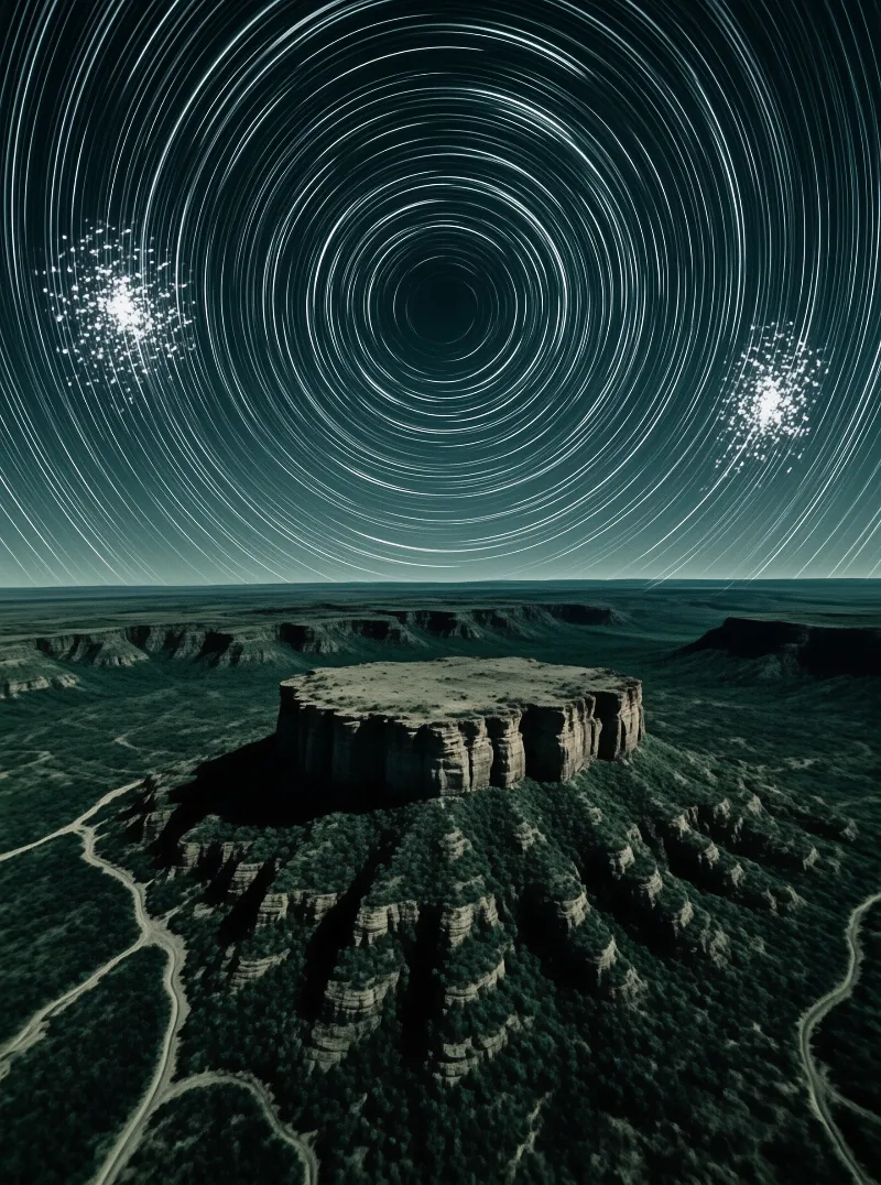 Concentric rings of starlight rotate across the night sky above a solitary desert butte rising from the plain.